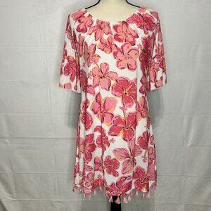 Simply Southern Casual Floral Dress Pink White Pom Pom Hem Elastic Neck Sz S